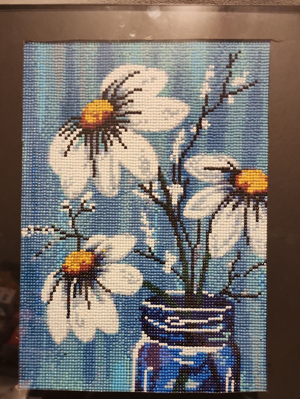 Handmade Mixed Media Daisy Art in Blue and White